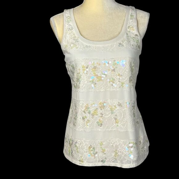 EXPRESS Women’s Tank Top Ivory Size SP Lace Sequins Striped Sleeveless Summer - Picture 9 of 13